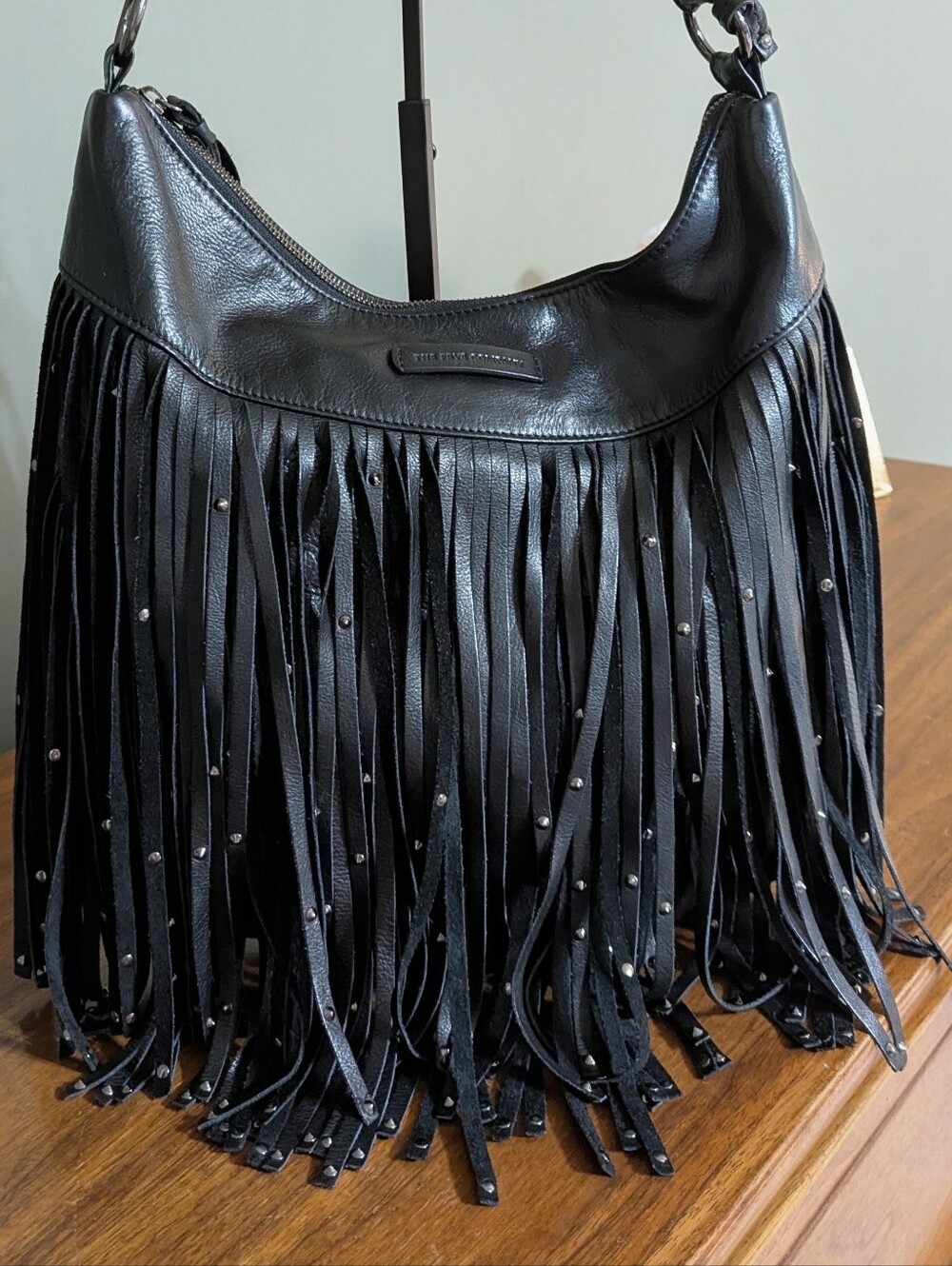Frye Black Leather Fringe Hobo with Stud Detailing